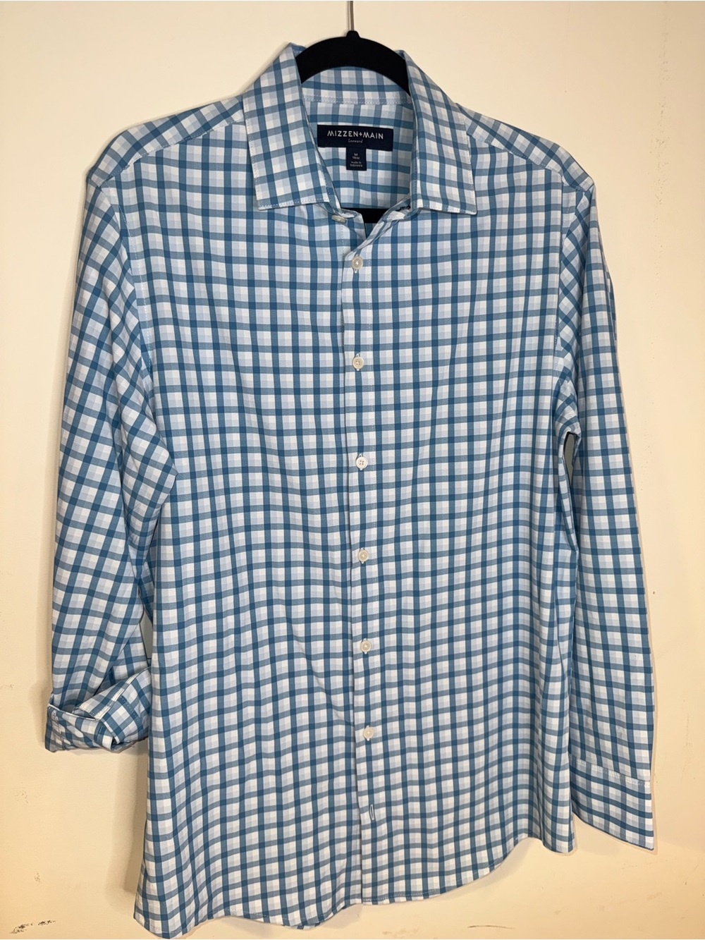 Mizzen+Main Leeward Men’s M Trim Fit Blue White Gingham Performance Shirt